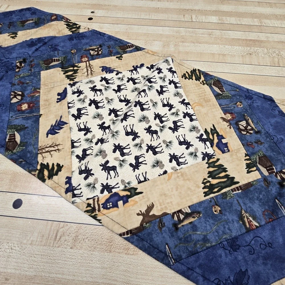 Vintage Handmade Quilted Table Runner Lodge Fishing Cabin‎ Moose Blue 11.5